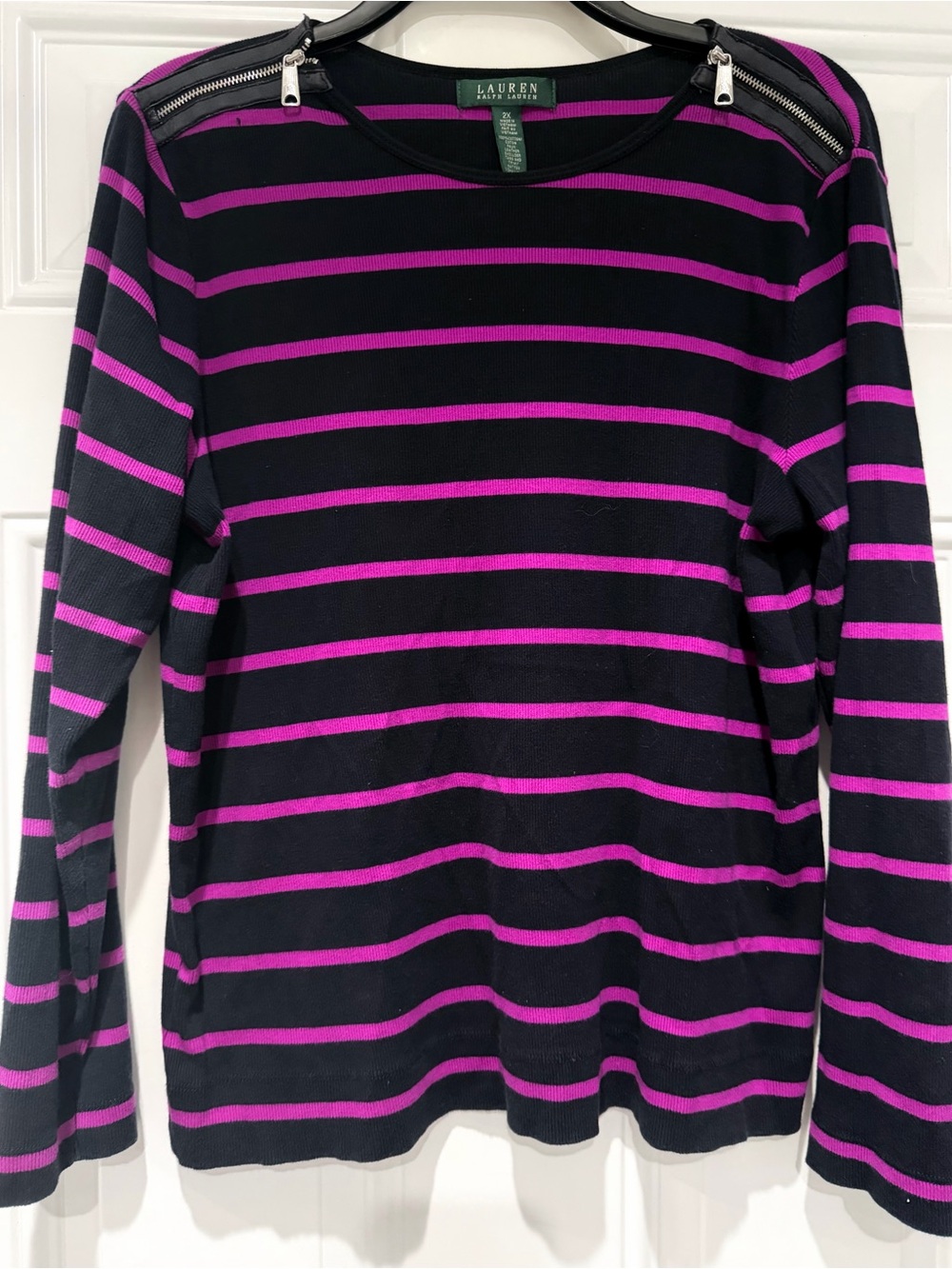 Ralph Lauren Black Crewneck Sweater with Purple Stripes and Zip Shoulders
